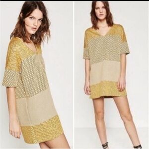 Zara WB Collection Yellow Quilted Thick Boxy Mini Shirt Dress‎ Short Sleeve Med